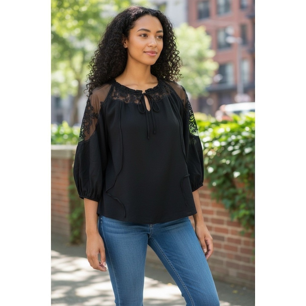 Womens Black Peasant Blouse Size M Sheer Lace Yoke Tie Neck 3/4 balloon sleeves